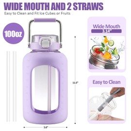 WINSA Large Glass Water Bottles with Stainless Steel Handle,100 oz Gallon Drinking Bottle with 2-in-1 Straw Lid,3 Liter Glass Water Jug with Silicone Sleeve,Wide Mouth,Purple