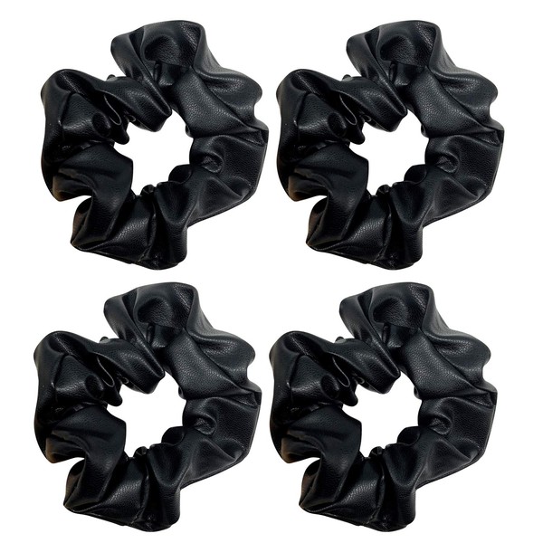 4 Pack Metallic PU Leather Gold or Black Bright Hair Scrunchies Hair Bobbles Elastics Ponytail Holders Hair Wrist Ties Bands Scrunchies for Show Gym Dance Party Club Girl Women (Black)