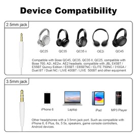 Xivip Replacement Audio Cable for Bose Quietcomfort QC45 QC35ii QC35 QC25 On-Ear 2 OE2 OE2i NC700 Headphone, 3.5mm to 2.5mm Aux Cord Wire Noise Cancelling (White, 4.9 FT)
