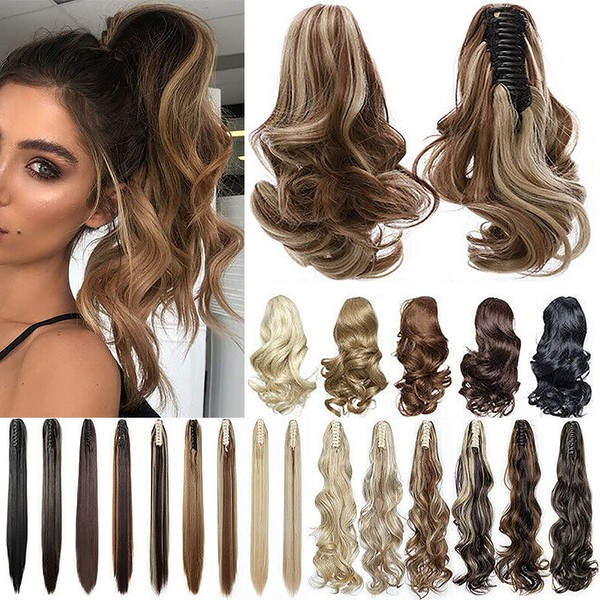 Fashion Ponytail Hair Extension Claw Curly Wavy Straight Clip in ponytail Hairpiece One Piece fake hair Ponytails for Women 12” Curly Light Brown