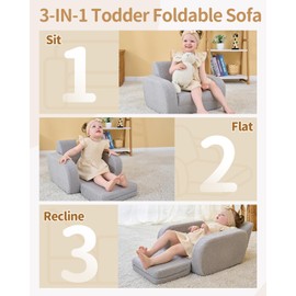 KidBloom 3-in-1 Toddler Couch, Toddler Chairs Comfy 1-3 Years Old, Kids Couch Bed Fold Out, Gifts for 1 2 Year Old Girls Boys