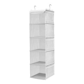 BrilliantJo Hanging Wardrobe Organiser 5 Shelves Closet Storage Hanging Shelves with 6 Side Pockets Clothes - Grey Strip(30 x 30 x 108cm)