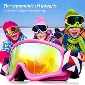 Tyuodna Kid Ski Goggles, 100% UV Protection Anti-fog Skiing Snowboard Goggles, Skiing Snowboarding Goggles of Dual Lens for 3-12 Years Boys and Girls, for Cycling Riding/Climbing/Skiing (Red)