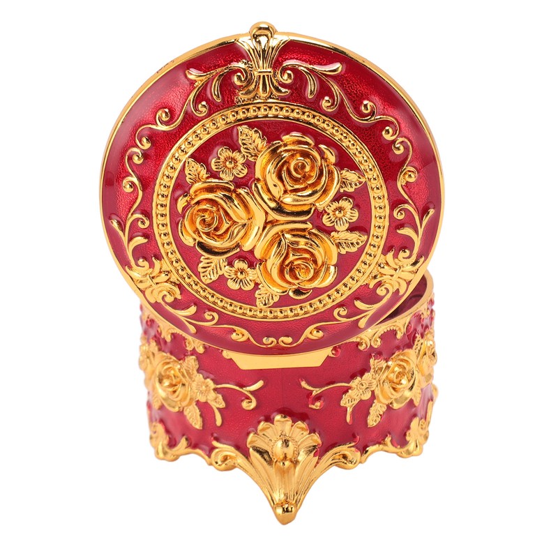 Vintage Metal Jewelry Box Round Exquisite Hand Carved Gold Flower