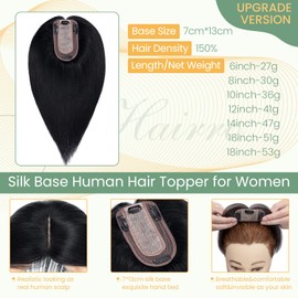Hairro Hair Topper 100% Real Remy Human Hair Toppers for Women Realistic Clip in Wiglet 13x7cm Silk Base Hair Piece Cover Thinning Hair Loss Natural Looking 6 inch Dark Black