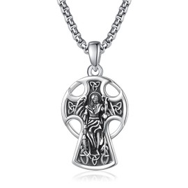 KINGWHYTE St Raphael Necklace for Men 925 Sterling Silver Celtic Cross Necklace Protection Catholic Jewellery Gifts, Sterling Silver, No Gemstone