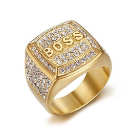 Psivika Gold Plated Bling Pinky Ring Simulated Diamond Hip Hop Iced Out Rings,Bling Gold Diamond Rings,Big Boss Rings (Size10, Gold)
