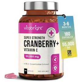 VitaBright Cranberry Tablets with Natural D-Mannose | 55,000mg | 180 Capsules | 3 Month Supply | Cranberry Supplements for Women with Vitamin C | No Added Sugar | High Strength Extract
