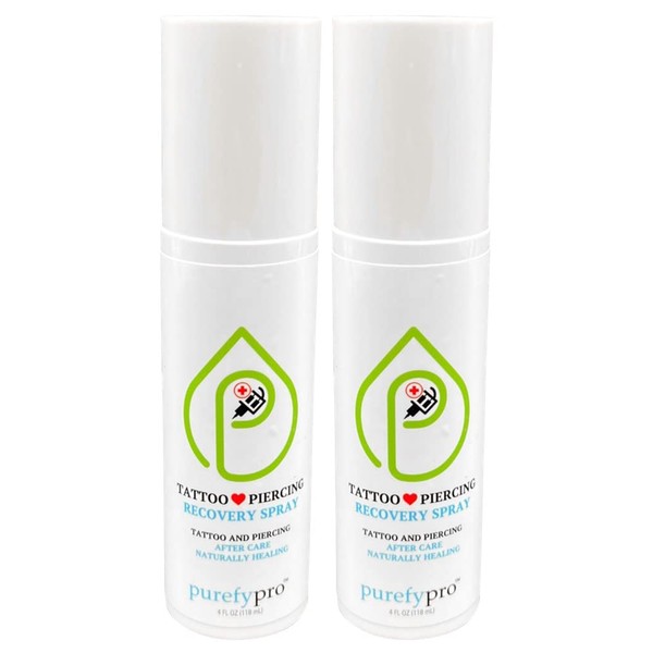 PUREFY Tattoo and Piercing Recovery Spray (4oz, 2pk) Natural Healing. Daily Care (incl. nose, tongue, skin, lips, eyes, etc.). Purefypro Cleansing Technology. Safe for Everyone. Use Anywhere on Body.