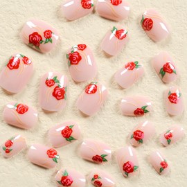LBPEPAMZ Valentine Press on Nails Short Square Fake Nails Rose with Gold Line Designs Red Flower Full Cover Acrylic False Nails Romantic Floral Pink Nude Glossy Glue on Nails for Women 24Pcs