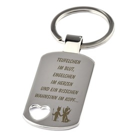 Keyring with Heart Cut-Out and Engraving "Devil in the Blood, Angels in the Heart and a Bit of Madness in the Head..." - Chrome - Funny - as a Birthday or Christmas Gift
