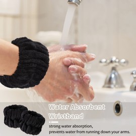 WHAVEL 3PCS Spa Headband and Wristband Set, Face Wash Headband Facial Skincare Headbands Makeup Hair Band Wrist Towels Wrist Bands for Washing Face, with 5PCS Facial Sponges (Black)