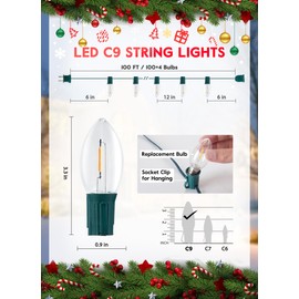 Vintage C9 Christmas Lights Outdoor, 100 Feet 100 LED C9 Christmas Decorations, Connectable Waterproof String Lights for Holiday Party Roofline Backyard Garden Patio, E17 Base, Warm White