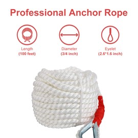 3/4" x100' Anchor Rope, Polypropylene Docking Dockline Boat/Sailboat/Mooring/Pull Lines with Thimble, 12592LB Breaking Strain