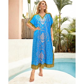 Nidoul Kaftan Dresses for Women Plus Size Bathing Suit Cover Up Long Swimsuit Coverup Swim Summer Beach Caftans Loungewear, Blue Boho