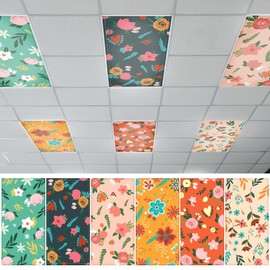 QOUBAI 6 Pcs Fluorescent Light Covers, 4 x 2 Feet Magnetic Lights Cover Colorful Floral Design Fluorescent Lights Shade Panel Ceiling Light Filters for Office Classroom Home Drop Ceiling