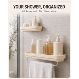 Adhesive Shower Caddy 2-Pack, Shower Shelves with Towel Bar, Cream