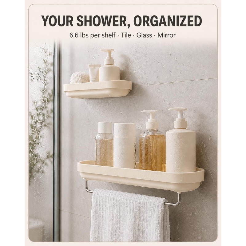 Adhesive Shower Caddy 2-Pack, Shower Shelves with Towel Bar, Cream