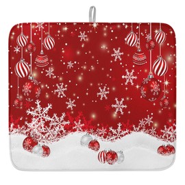 Merry Christmas Ball Drying Mats for Kitchen Counter, Xmas Snowflake Snow Red Microfiber Absorbent Dish Drainer/Rack Mat,Reversible Hangding Quick Drying kitchen Decor,16x18 Machine Washable