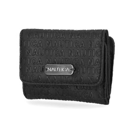 Nautica Rower's End Small Wallet for Women, RFID Blocking Slim Credit Card Holder with Zipper Coin Pocket, Bifold Compact Wallet with ID Window in Black Logo