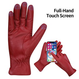 MGGMOKAY Women's Cashmere Lined Leather Gloves, Red (Thouchscreen), M