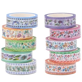 Songdao 10 Rolls Embroidery Pattern Washi Tape Set Masking Tape Decorative Tape Colourful for Scrapbooking Gift Wrapping Holiday Decoration - Vintage Floral and Nature Designs