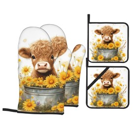 Highland Cow Flower Oven Mitts with Matching Potholders - Heat Resistant Kitchen Accessories for Baking, Grilling, Cooking, Gifts for Women