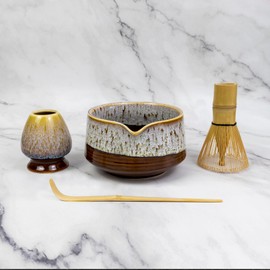 4 Pcs Matcha Whisk Set, Matcha Kit with Bamboo Whisk, Ceramic Spouted Matcha Bowl - Traditional Japanese Tea Set