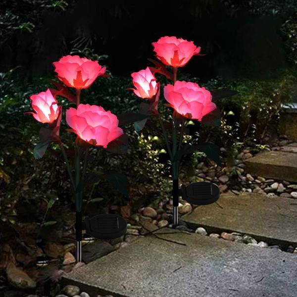 Anordsem Solar Garden Stake Lights Outdoor Decorative LED Color Changing Solar Powered Rose Lights Waterproof for Garden, Backyard Decoration(Pink)