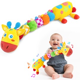 Baby Toys Musical Giraffe, Baby Musical Stuffed Sensory Toys, Soft Plush Rattles Toy Multi-Sensory Textures with Crinkle and Rattles, Tummy Time Toys Interactive Learning Toy for Girls and Boys