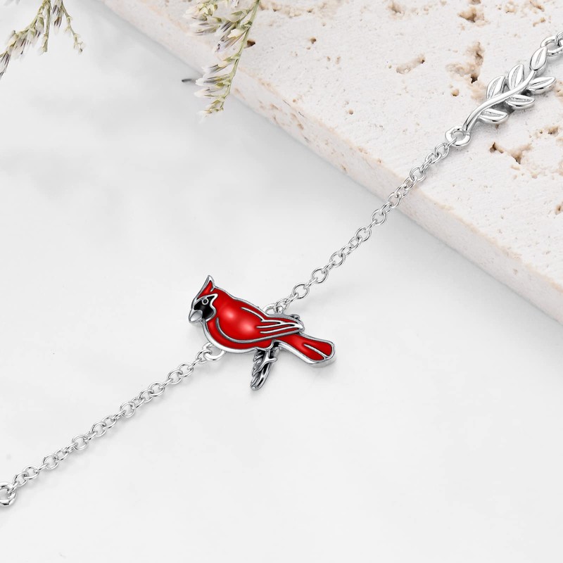 LONAGO 925 Sterling Silver Red Cardinal Bird Bracelet Adjustable Link