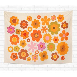 Topyee Home Decorative Tapestry Wall Hanging Orange 70S Vintage Flowers Green Power 1970 Retro Seventies 50x60 Inch Tapestries Wall Blanket for Dorm Living Room Bedroom