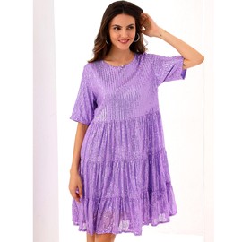 JKLESA Sequin Babydoll Summer Dress，Sparkly Glitter Dress Short Flowy Tiered Tunic for Women Party Club Night (US, Alpha, Large, Regular, Regular, Purple)
