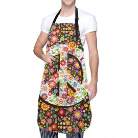 Abucaky Hippie Peace Sign Waterproof Apron For Adults Colorful Flowers Chef Bib With Roomy Pockets For Kitchen Bbq Crafting Drawing