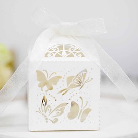 50 Pack Butterfly Favor Boxes Candy Gift Boxes with Ribbons Wedding Party Favor Candy Boxes Birthday Party Baptism Party Favor Box for Bridal Shower Anniverary Wedding Favor Decoration, Beige
