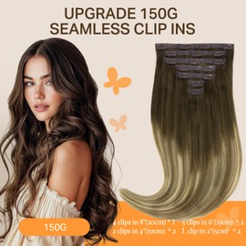 DOORES Clip-In Human Hair Extensions, Walnut Brown to Ash Brown and Bleach Blonde Real Hair Extensions Clip, 7 Pieces, 40 cm, 130 g, Clip-In Hair Extensions, Real Hair, Women's Real Hair Extensions