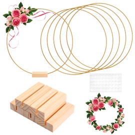 Pack of 6 Metal Rings 30 cm Metal Rings for Crafts, Gold Metal Decorative Rings with Wooden Stand, Wreath Metal Ring for Dream Catcher Macrame Rings DIY Crafts