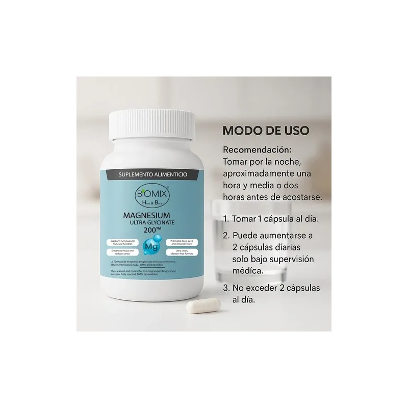 Magnesio Bisglicinato Puro Biomix Health Beauty 200 Sueño Estrés Cápsulas
