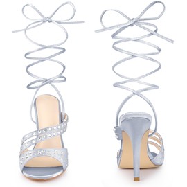 Perphy Rhinestone Satin Lace Up Stiletto Heel Silver Heels Sandal for Women 9 M US