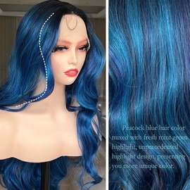 FABÉLLE Blue Wig Body Wave 30 Inch Lace Front Wig Glueless Swiss Lace Heat Resistant Synthetic Wigs for Women Peacock Blue Color with Baby Hair Pre Plucked