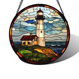 DASTOLL Stained Glass Window Hanging, Ocean Lighthouse Sun Catchers Glass Panel Blue Green Suncatcher Decor for Birthday for Women, Men, Wife, Aunt, and Mom 9.8 in