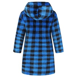 Tunoluker Kids Boys Girls Flannel Hooded Bathrobe Toddler Robe Pajamas Sleepwear Blue Plaid 6-8 Years