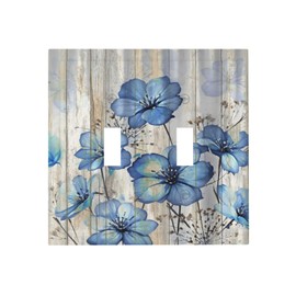 Xuejiaku Decorative Switch Plate Covers Boho Blue Watercolor Flower Vintage Wood Board 2 Gang Wall Plate Double Toggle Light Switch Cover Plate Electric Dual Device Electrical Faceplate