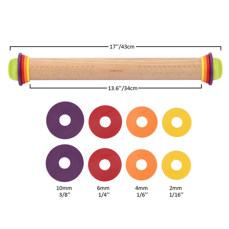 Mepple Rolling Pin with Thickness Rings for Baking,Fondant, Pizza, Pie