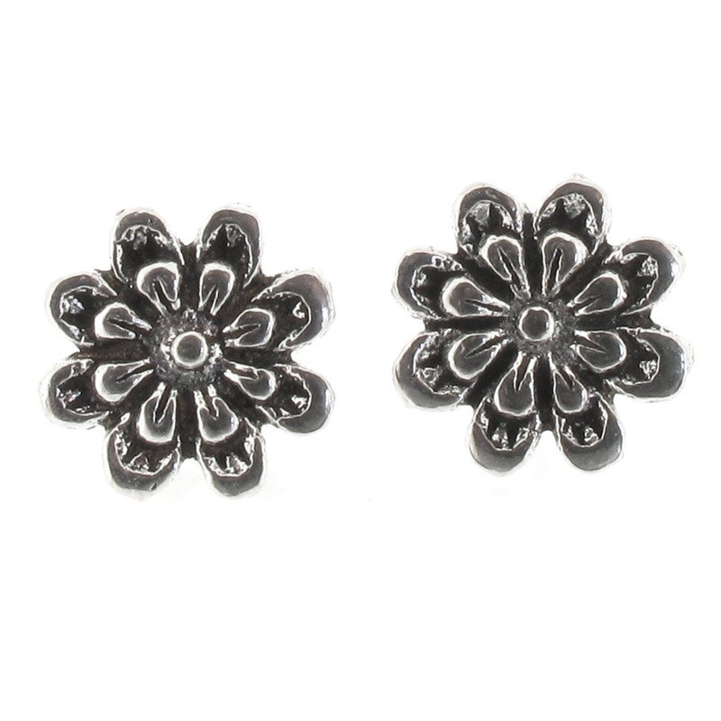 Touch Jewellery 925 Sterling Silver Flower Stud Earrings Oxidized Detail