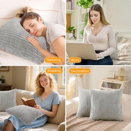 MIEWAA Set of 2 Corduroy Cushion Covers, 45 x 45 cm, Decorative Cushion, Soft Pile Surface, Striped Pattern, Cushion Covers for Sofa, Armchair, Living Room, Bedroom, Balcony, Light Grey
