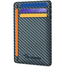 Travelambo - portafolios minimalista de piel con bolsillo frontal, bloqueo RFID, textura de fibra de carbono, Azul, Una talla, Minimalista