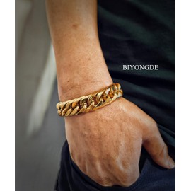 BIYONGDE Mens Cuban Link Chain Bracelet, Gold Color Miami Cuban Link Chain Bangle Bracelet for Men, Heavy Stainless Steel Bracelet for Men with Spring Push Rectangle Box Clasp