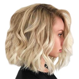 1 x Short Curly Wig, Women's Wig, Bob Wig, Short Wavy Wig, Blonde Wig, Brown Mixed Gold Chemical Fibre Headband, Suitable for Commuting, Parties, Birthdays (35 cm)