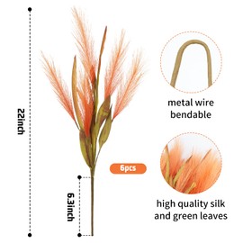 VirtuGro Fall Pampas Grass Decor Plume 6Pcs 21inch Faux Pompous Grass Plume Flower Orange Pampas Grass Dried Flower Bouquet Fall Flowers for Venue Boho Home Fireplace Wedding Decoration